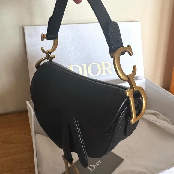 Like New 💕 DIOR Mini Saddle Bag Black Grained Calfskin Leather Gold Shoulder Bag - Picture 6 of 16